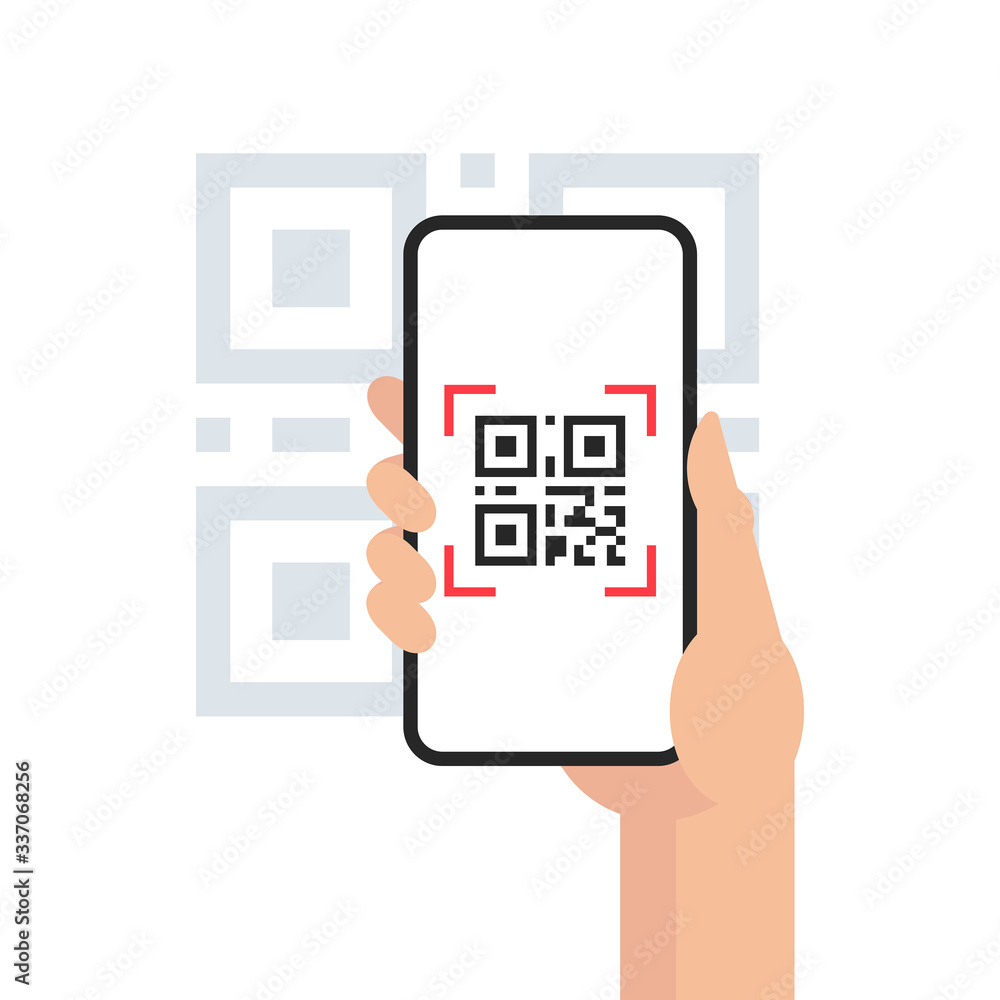 Poster qr code mobile phone scan on screen. in hand on white background. flat style