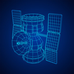Space station communications satellite. Wireframe low poly mesh vector illustration.