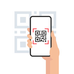 QR code mobile phone scan on screen. in hand on white background. Flat Style