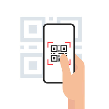 QR Code Mobile Phone Scan On Screen. In Hand On White Background. Flat Style