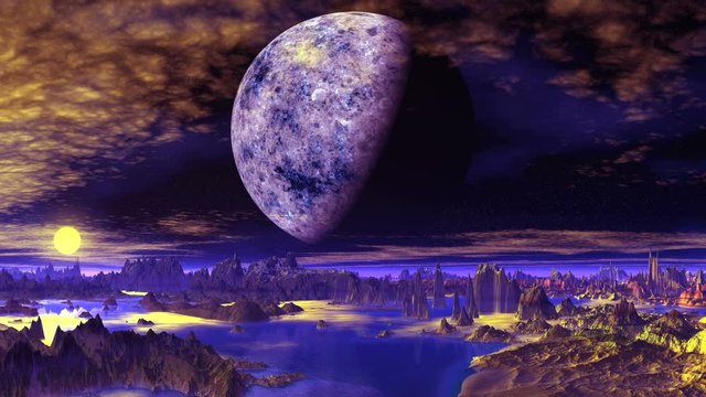 Huge Moon over Alien Planet. On purple starry sky floating clouds, a bright yellow sun rises. A huge moon over the horizon. Rocks are among the water.