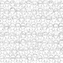vector drawing with many faces with masks to protect the virus