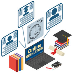 Online education, infographic elements. Laptop, graduation cap, scroll, books, textbooks, pen, pencil, notebook. 3D render. Vector illustration.