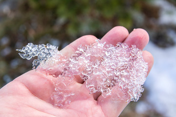 Melting piece of ice in the hand, Finland