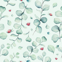 watercolor holiday christmas clipart seamless pattern. Winter decoration element. Merry christmas design. Pine tree branch, frame, berries. New year invitation decorative background design