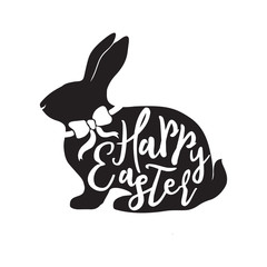 Easter Bunny Logo. Rabbit Silhouette with Happy Easter Lettering and Festive Bow Decoration on White Background. Vector Card