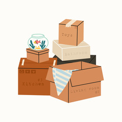 Moving in or out concept. Stack of cardboard boxes with various things from house, gold fish aquarium. Hand drawn colored Vector isolated illustration. Cartoon style, trendy design