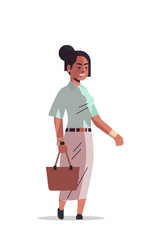 beautiful indian woman holding handbag smiling female cartoon character standing pose full length isolated vertical vector illustration