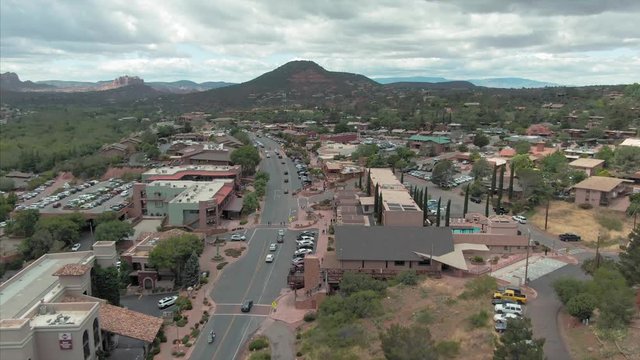 Aerial:traffic in the town center of Sedona, Arizona, USA. 15 April 2018