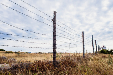 Fence. Barbed wire on a sky background