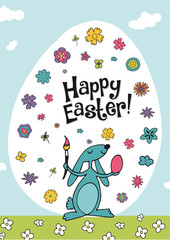 Colourfull illustration with funny little animals, flowers and eggs with the message happy easte. Simply colours, joy, faith, children, drawing cartoon
