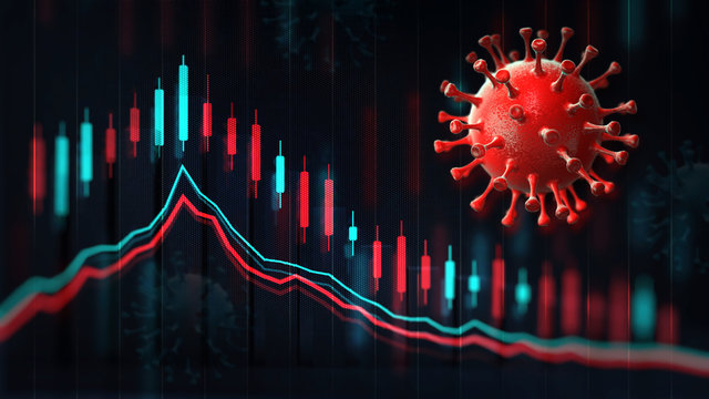 Economic Graph Chart And Business Analysis, Red Coronavirus Macro On Screen And Blurred Background. Business And Economy 3D Illustration.