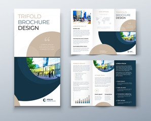 Tri fold brochure design with circle, corporate business template for tri fold flyer. Layout with modern photo and abstract circle background. Creative concept folded flyer or brochure.