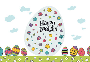 Colourfull illustration with funny little animals, flowers and eggs with the message happy easte. Simply colours, joy, faith, children, drawing cartoon