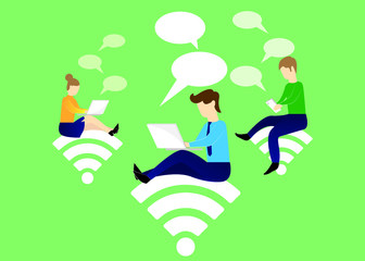 People doing business from home over the Internet. Work at home and wireless visuals. Vector, banner, eps.