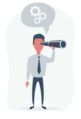Fototapeta na wymiar Concentrated businessman looking through the spyglass. Business vision and perspective planning concept. Vector illustration of a flat design.