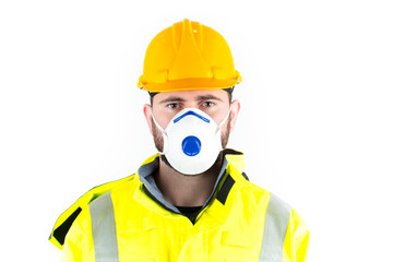 Young construction worker man wearing hard hat and medical mask. white background