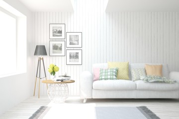 Fototapeta na wymiar White living room with sofa, table and lamp. Scandinavian interior design. 3D illustration