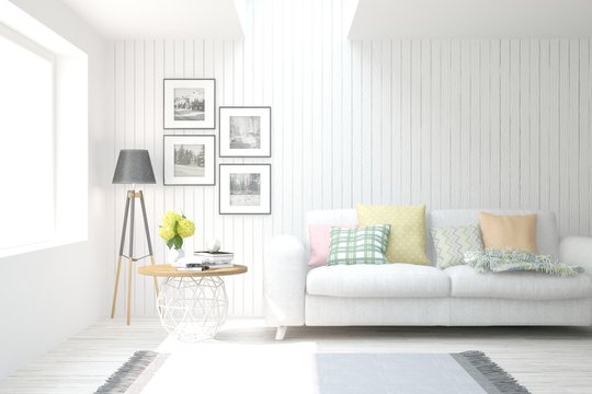 White living room with sofa, table and lamp. Scandinavian interior design. 3D illustration