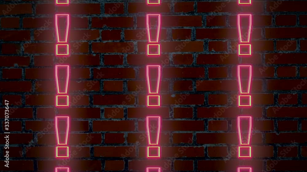Poster computer animation of many exclamation mark points illuminated in pink neon light