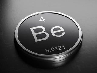 Beryllium element from periodic table on futuristic round shiny metallic icon 3D render