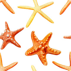 Watercolor starfish, shells, crabs, seahorse, seamless pattern. Hello summer