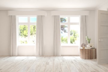 Fototapeta na wymiar Stylish empty room in white color with wooden table and summer landscape in window. Scandinavian interior design. 3D illustration