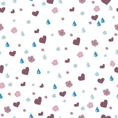 Flowers, drops, and hearts seamless pattern. Vector isolated on white.