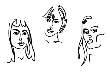 Abstract woman portraits. Female face one line drawing. Sketch of young female  faces. Illustration for fashion design. Artistic vector illustration.