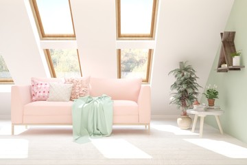 White living room with sofa. Scandinavian interior design. 3D illustration