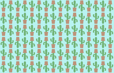 Pattern  of a cactus on a bluebackground. Green cactus inside a pot.
