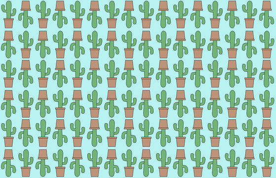 Pattern  Of A Cactus On A Bluebackground. Green Cactus Inside A Pot.
