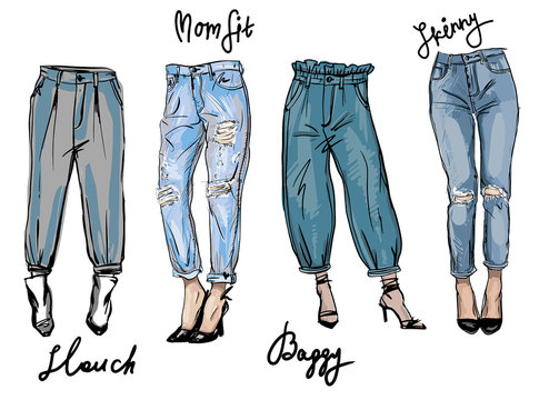 Vector sketch of jeans fashion fit. Trendy ashion illustration, fashion sketch.