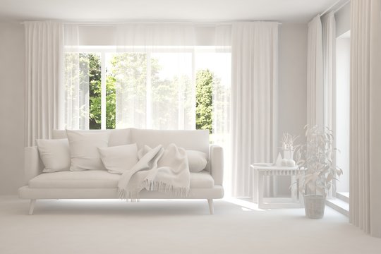 White minimalist living room with sofa. Scandinavian interior design. 3D illustration