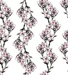 Raster pattern of  hand drawn lined sakura on white background. Elegant botanical background. Perfect for textile, wrapping and etc. 