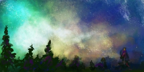 Night sky with trees.Starry sky and summer meadow with tree. High level of noise.The Milky Way rises over the pine trees on a foreground. Illustration drawing starry night sky.