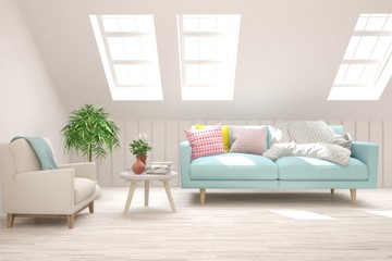 White living room with sofa. Scandinavian interior design. 3D illustration