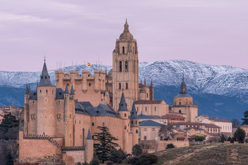 View of the beautiful city of Segovia, Castilla y León (Spain). Its famous Alcazar, Cathedral and Roman Aqueduct.