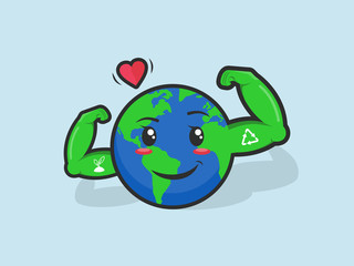 illustration of mother earth. show muscle with icon recycle and plants, this planet must be healthy and lovely place again. vector emoticon mascot character design for earth day 22 april.