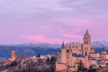 View of the beautiful city of Segovia, Castilla y León (Spain). Its famous Alcazar, Cathedral and Roman Aqueduct.