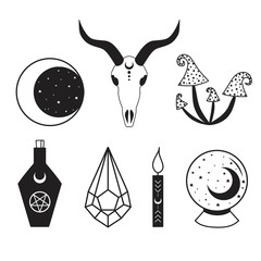 black witch set moon star mushroom bottle crystal candle magic ball icon vector