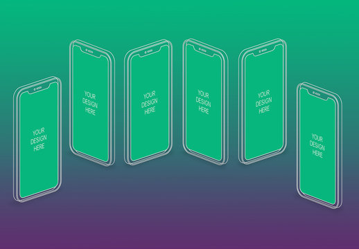6 Wireframe Smartphones Screen Mockups with Transparent Background