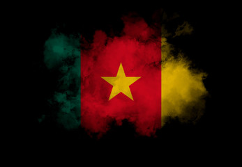 Cameroon flag performed from color smoke on the black background. Abstract symbol.