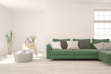 White living room with sofa. Scandinavian interior design. 3D illustration