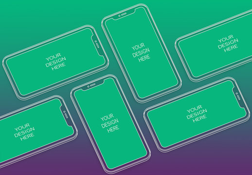 6 Wireframe Smartphones Screen Mockups with Transparent Background
