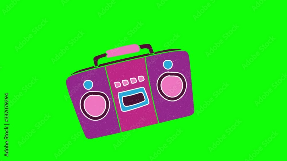 Poster cassette player hand drawn green screen. floating loop animation