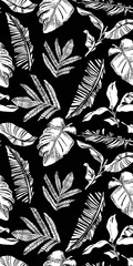 Vector seamless pattern with compositions of graphical tropical leaves, palm leaves,banana leavesand jungle plants.