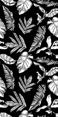 Vector seamless pattern with compositions of graphical tropical leaves, palm leaves,banana leavesand jungle plants.