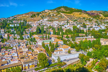 Aerial vie on Albaicin and Sacromonte districts of Granada, Spain