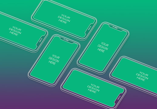 6 Wireframe Smartphones Screen Mockups with Transparent Background